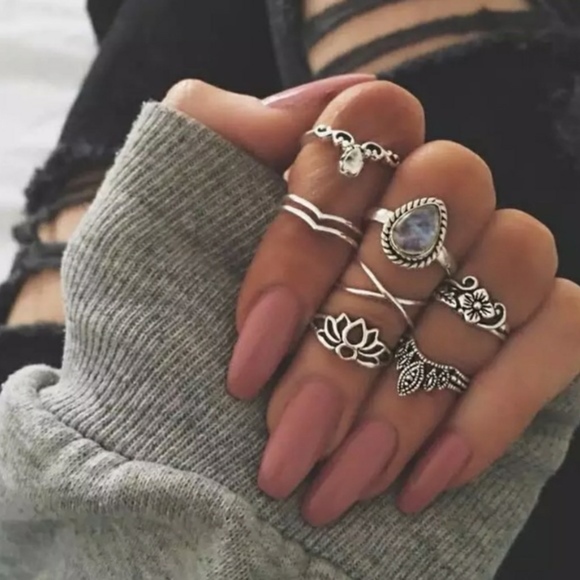 🌸 NEW 7PC: SILVER LOTUS MOONSTONE MIDI RING SET - Picture 7 of 8